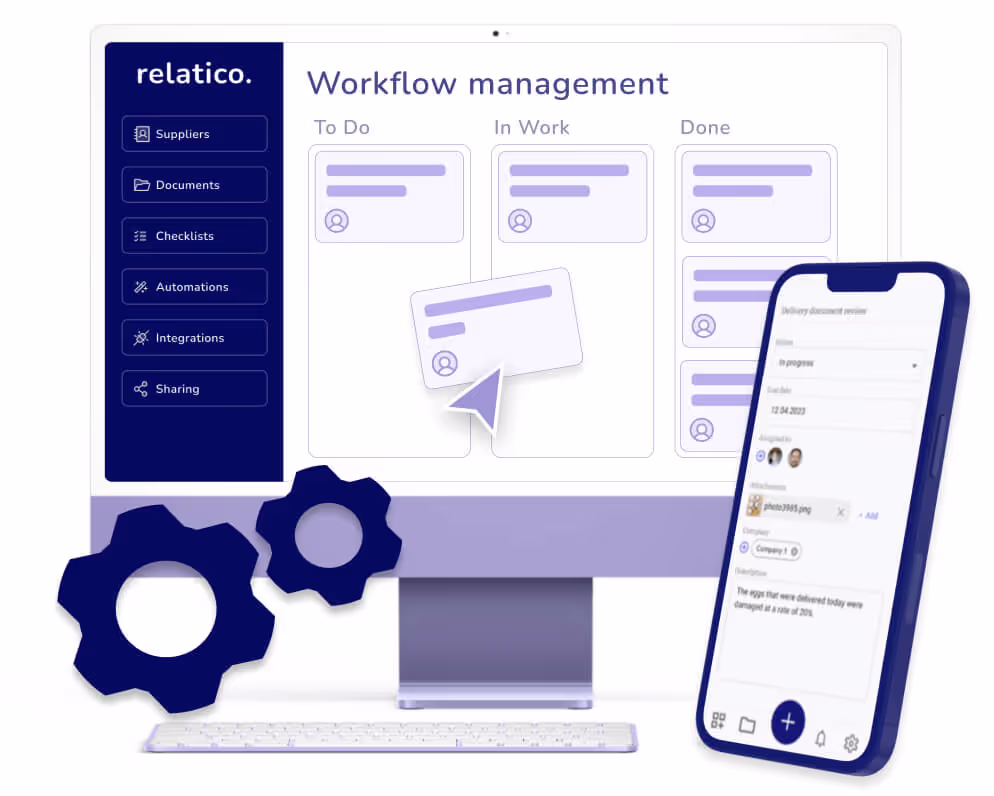 Exemplo das funções de fluxo de trabalho e automação do Relatico. O Relatico é um software de gerenciamento Lieferant .